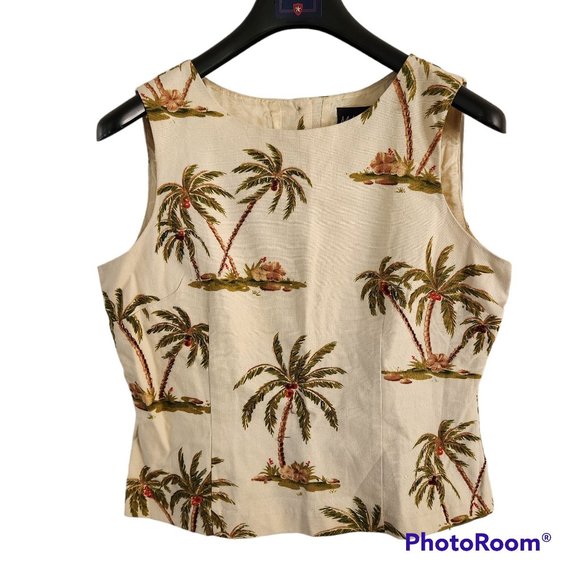 M.H.M. Sleeveless Top Size 12P Melissa Harper Beige Palm Trees Embellished New - Picture 1 of 8